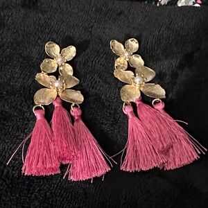 Lilly Pulitzer Gold Petal Earrings with Pink Tassels
